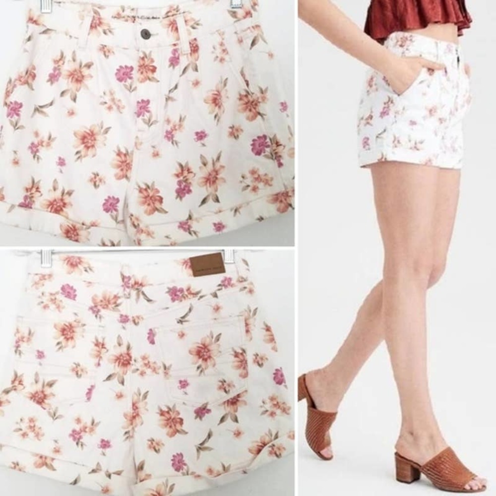 New AEO American Eagle Floral High Rise Mom Denim Jean Shorts Sz 4 White Pink